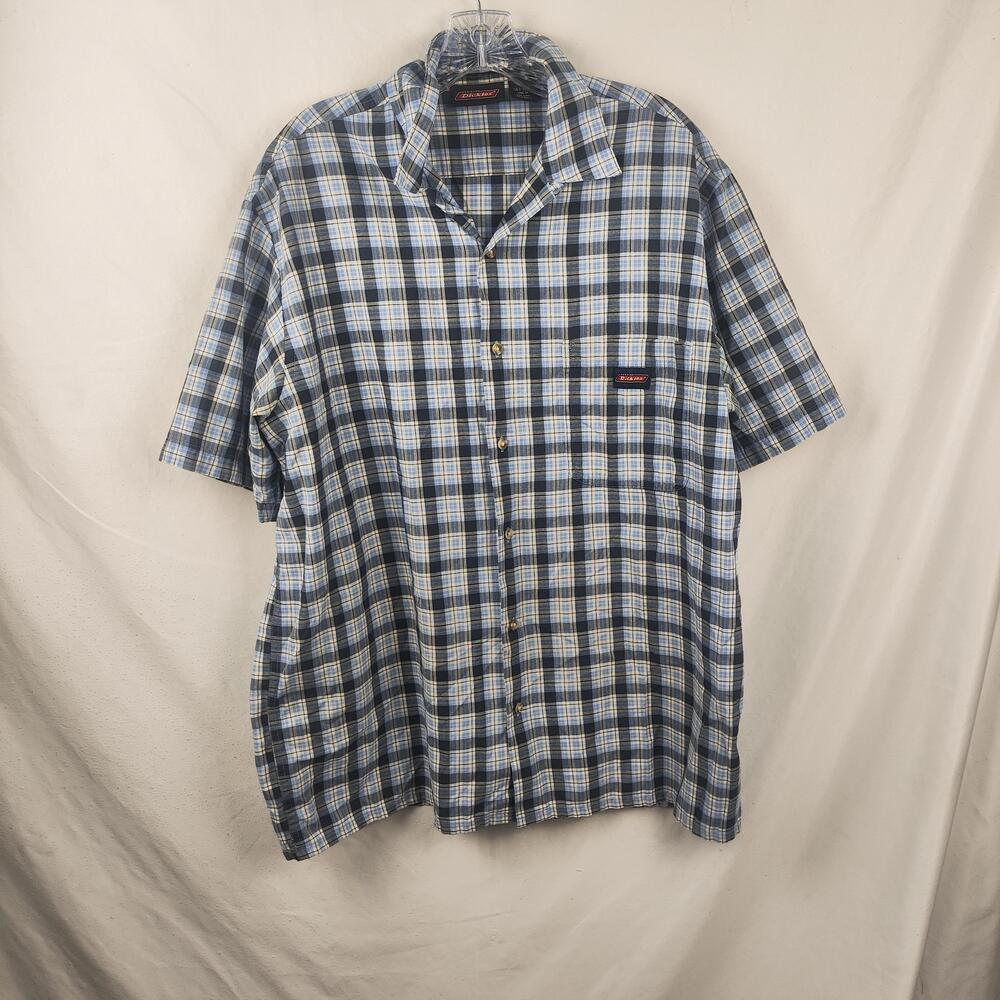 Dickies Shirt Mens Large Blue Plaid Short Sleeve Button Up Workwear Casual
